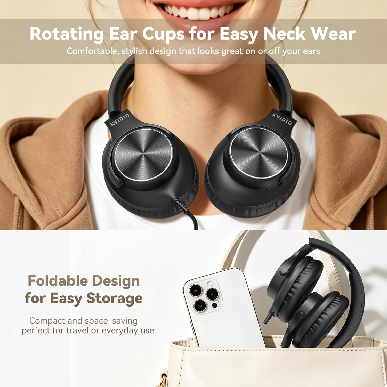 Detalle de KVIDIO Wired Headphones with Mic, 40mm Drivers, 3.5mm Plug, and Foldable Over-Ear Comfort