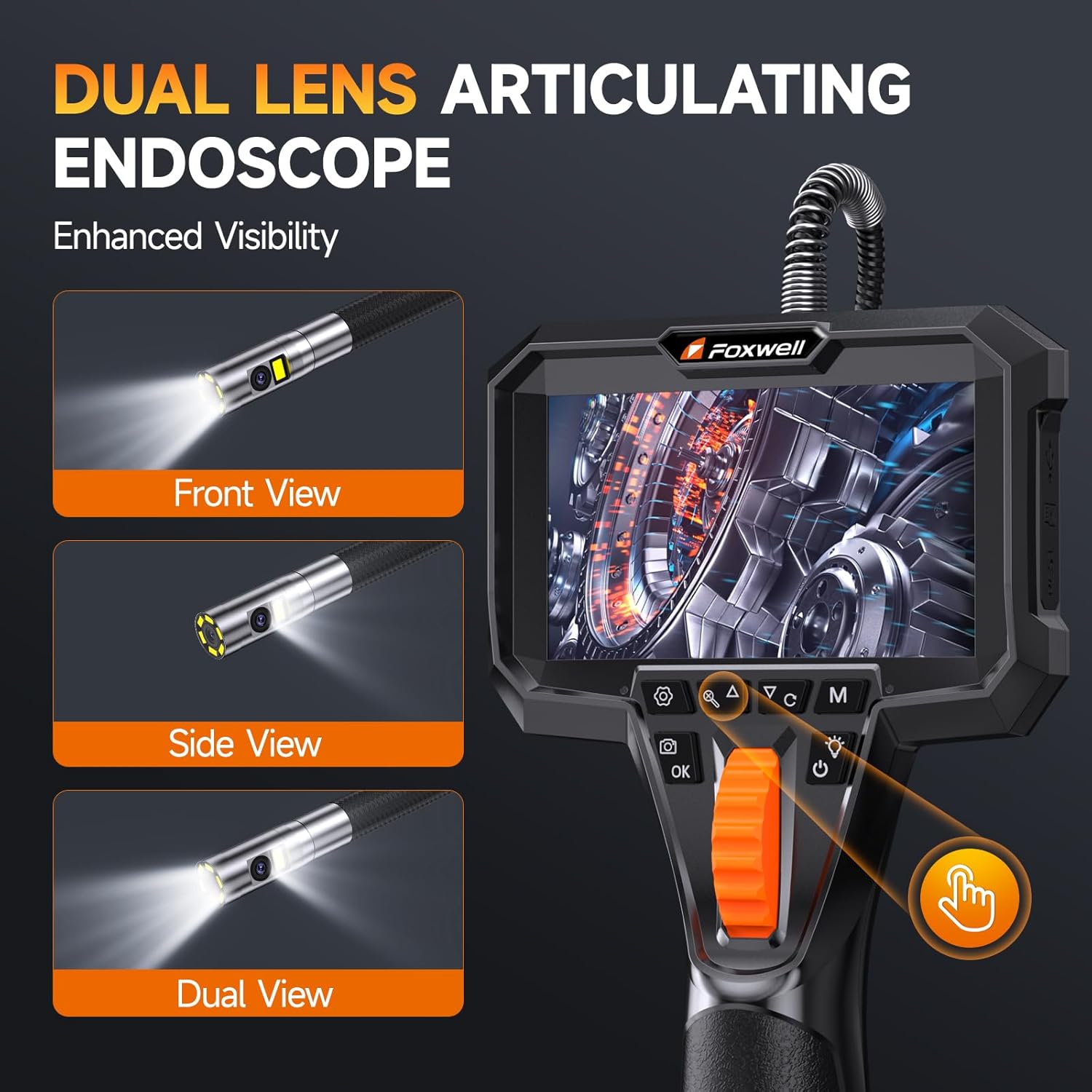Thumbnail 1 de FOXWELL Y400US Dual-Lens Articulating Borescope, 0.25-Inch Probe, IPS Display