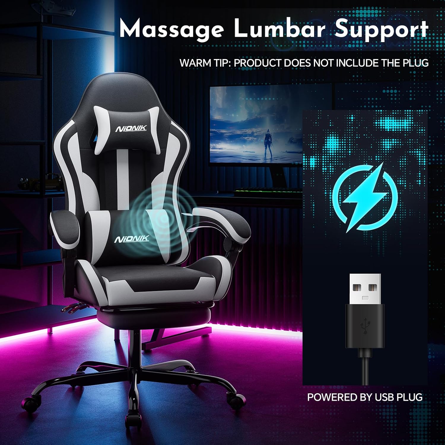 Detalle 1 de NIONIK 602 Gaming Chair, Black and White Leather with Footrest and Lumbar Support