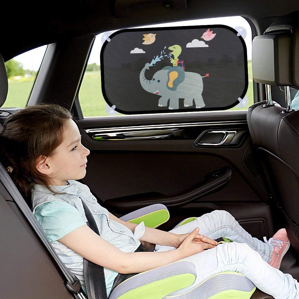 Detalle de iZoeL Parasole Auto per Bambini 2 Pezzi con Design Tartaruga/Elefante/Uccello – Protezione UV e Autoadesivo