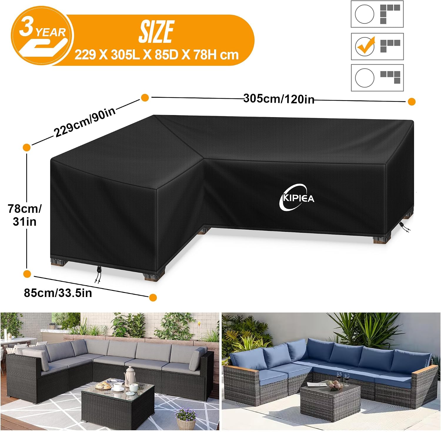 Detalle de Kipiea L-Shaped Garden Furniture Covers: Waterproof 500D Oxford, Windproof, UV-Resistant (Left Side, 229x305x85x78cm)