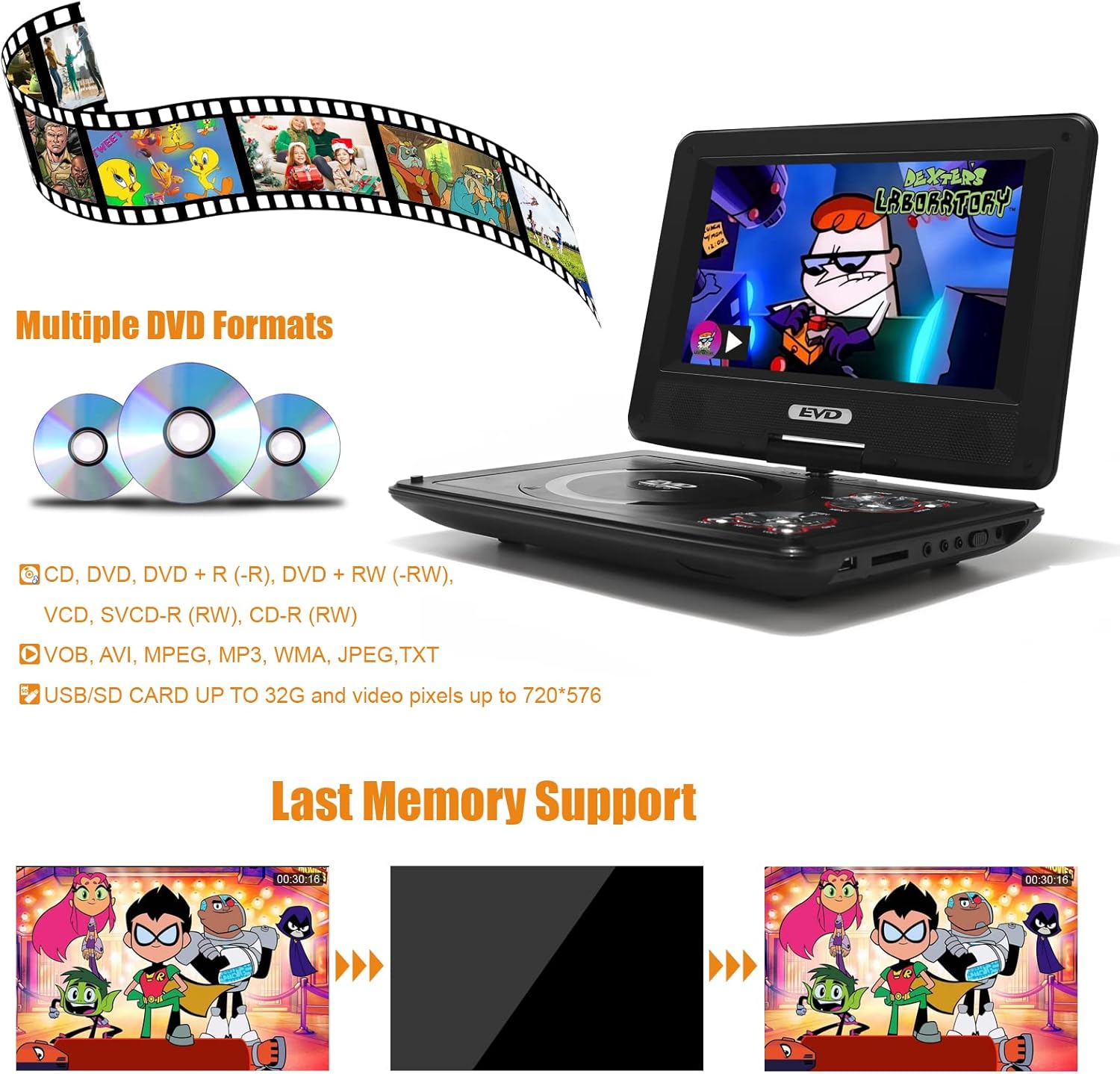 Detalle de SQQBZZ PD-9806 Portable DVD Player, 9.5-Inch Swivel Screen, 5-Hour Battery