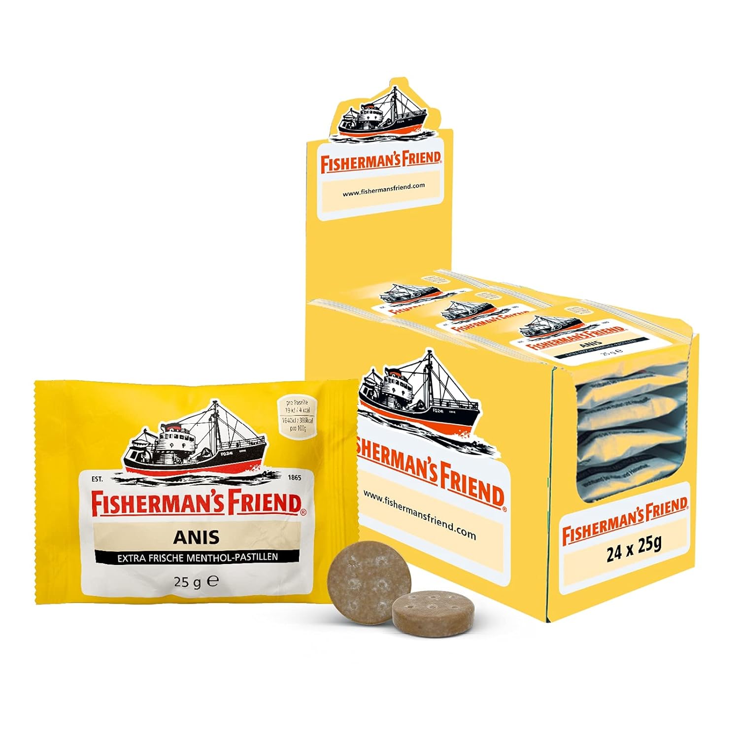 Detalle de Fisherman's Friend Anis – 24er Vorratsbox, vegane Bonbons mit Anis und Menthol, 24 x 25 g