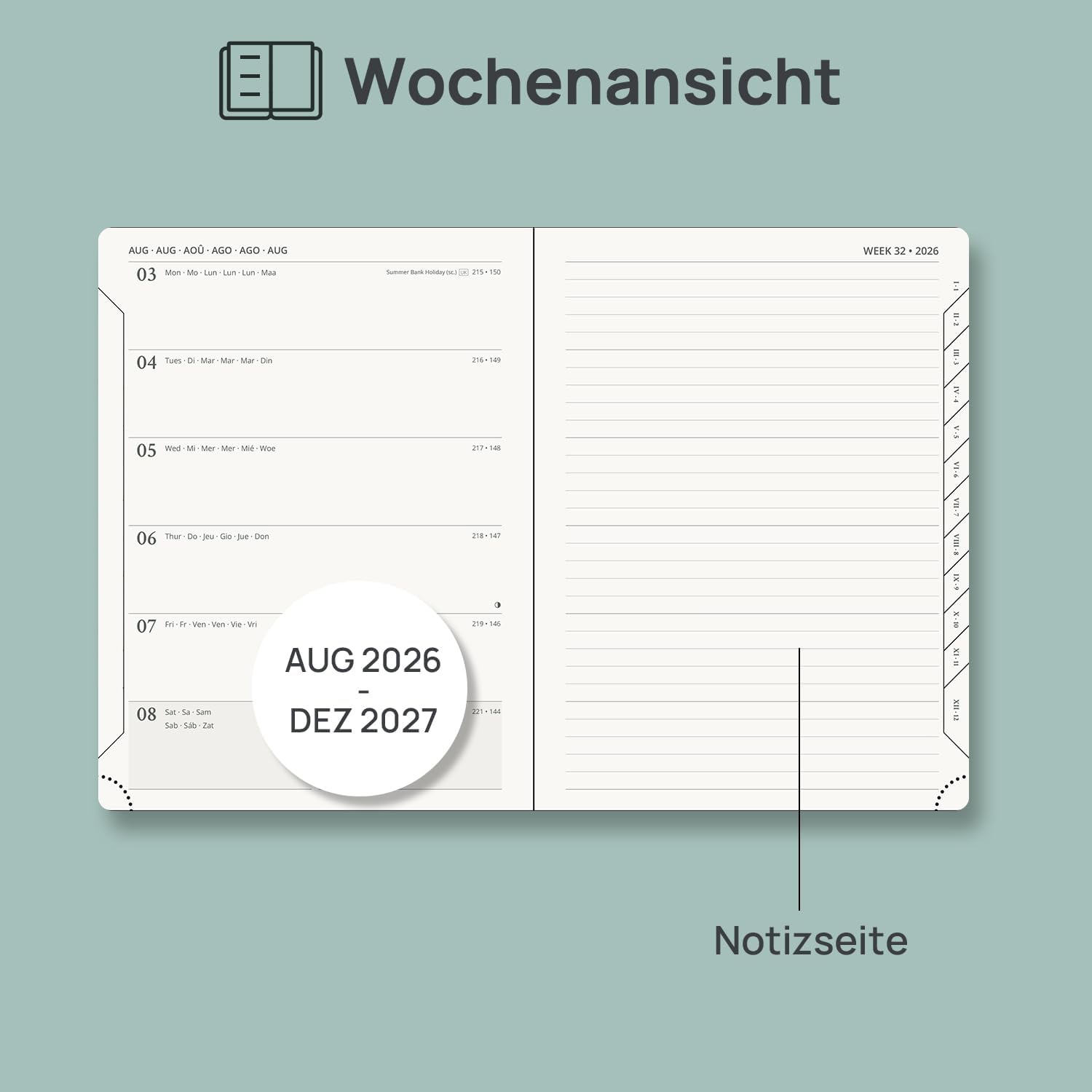 Detalle de POPRUN Kalender 2026/2027 – Buchkalender und Notizbuch im A5-Format, Wochenplaner mit PU-Leder in Petrolgrün