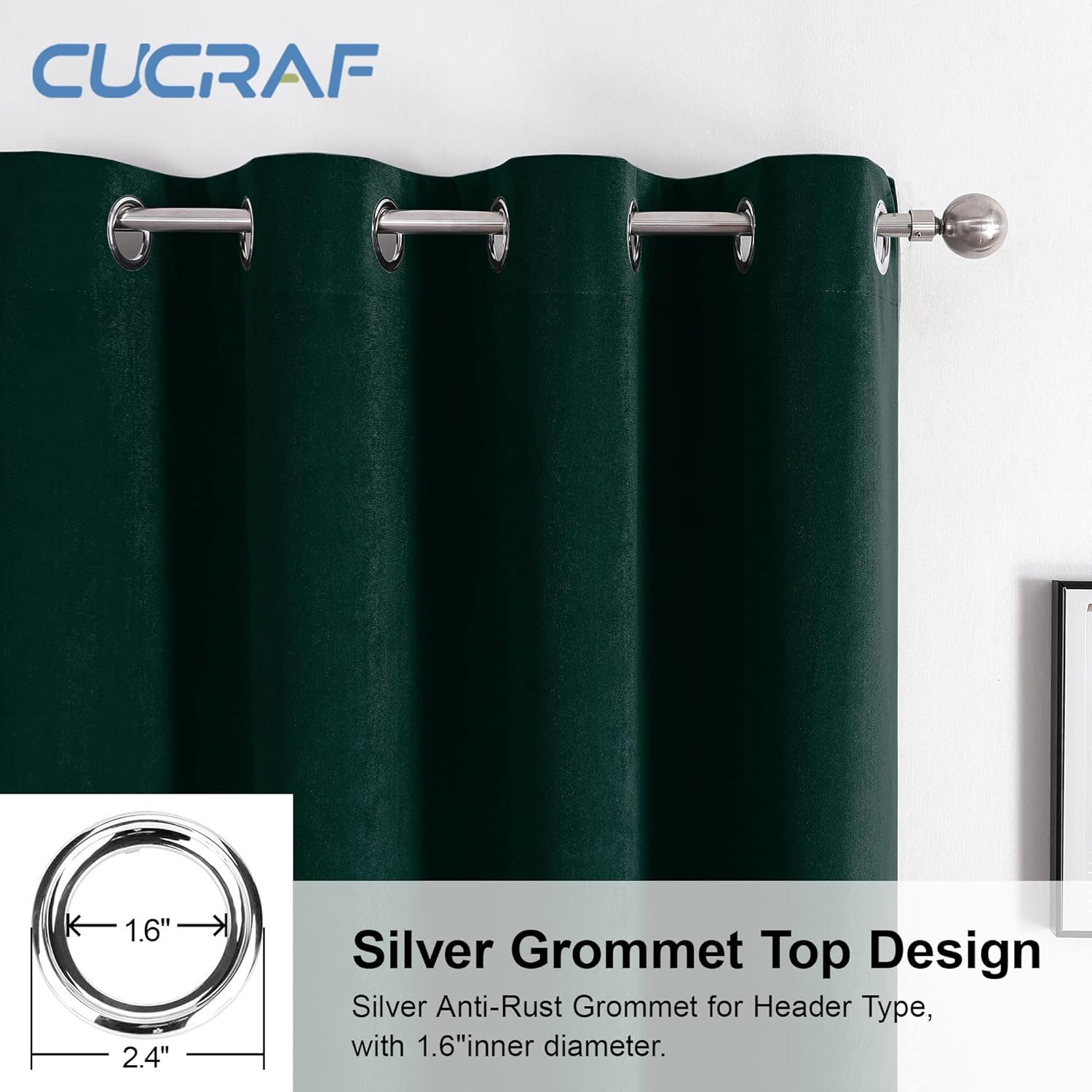 Thumbnail 2 de CUCRAF Velvet Blackout Curtains (2 Panels) – Thermal Insulated Ring Top Eyelet, Dark Green, 55" x 96