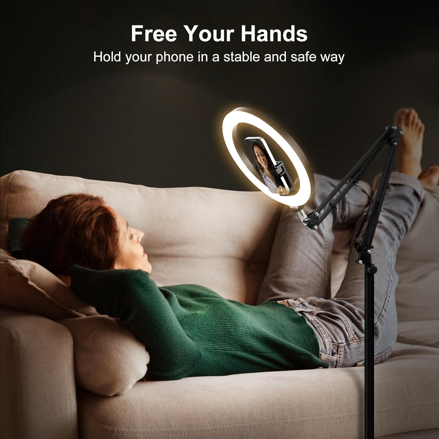 Detalle 2 de Evershop Ring Light with Stand & Phone Holder Overhead — 10.5" LED Halo Light with 360° Rotating Tripod