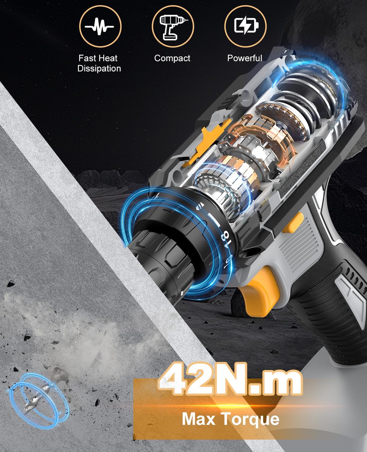 Detalle 2 de LEEIKOO Cordless Drill, 21V Electric Drill 42N.m with 2.0Ah Battery, Combi Set 10mm Chuck, 2 Speeds, 18+1 Torque, LED Light, 20pcs Drill Set for Garden DIY Project, Grey
LEEIKOO Cordless Drill, 21V Electric Drill 42N.m with 2…