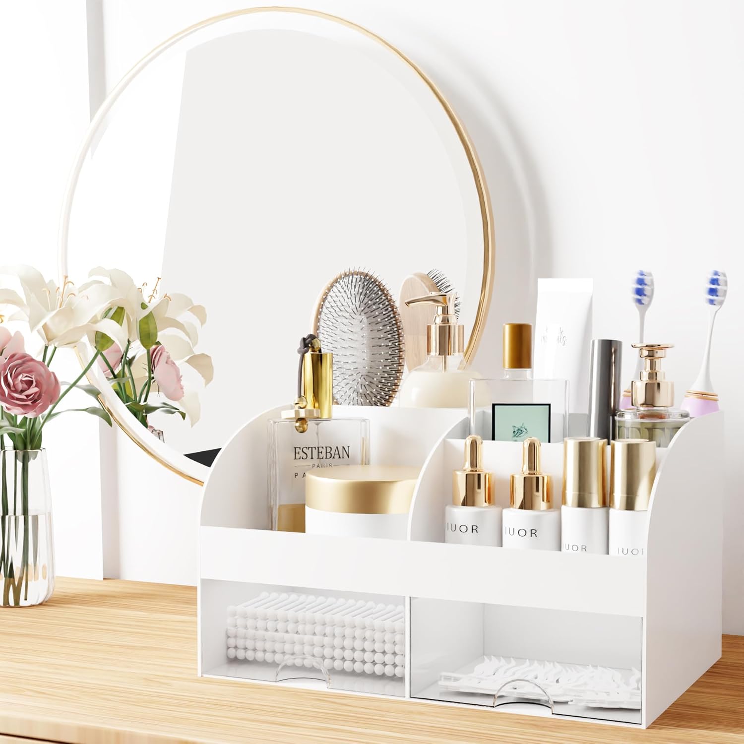 Thumbnail 5 de Makeup Organizer with Drawers (White-2P) — 6 Sections and 2 Drawers for Dresser, Vanity, and Bathroom Counter