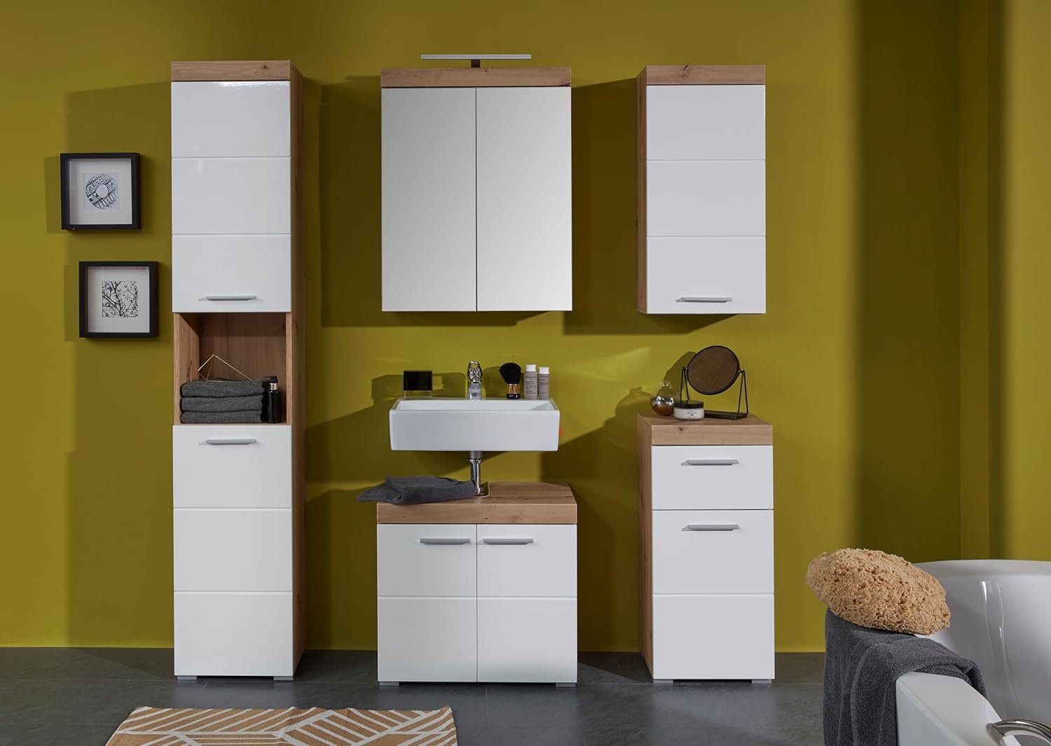 Thumbnail 4 de trendteam smart living „Amanda“ Waschbeckenunterschrank in Weiß/Weiß Hochglanz mit Asteiche-Optik, 60 x 56 x 34 cm