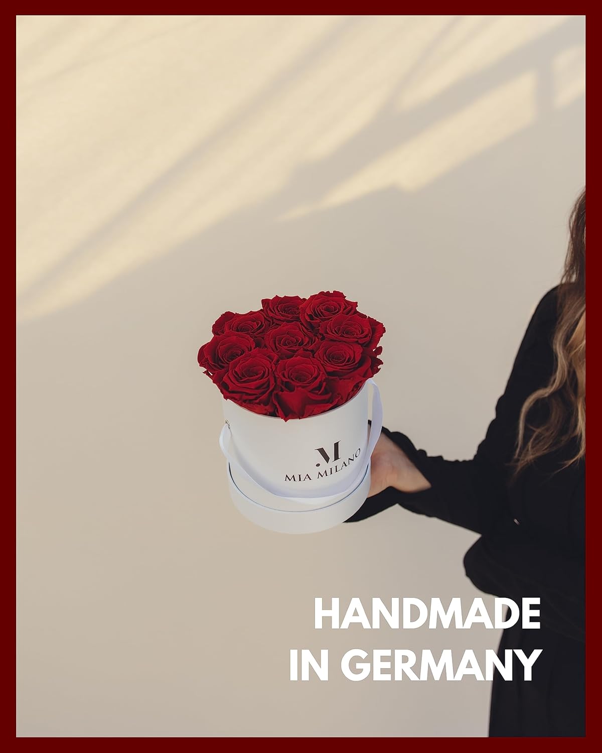 Detalle de Infinity Roses Bordeaux – 9 roses préservées en flowerbox blanche durable, conservation 3 ans