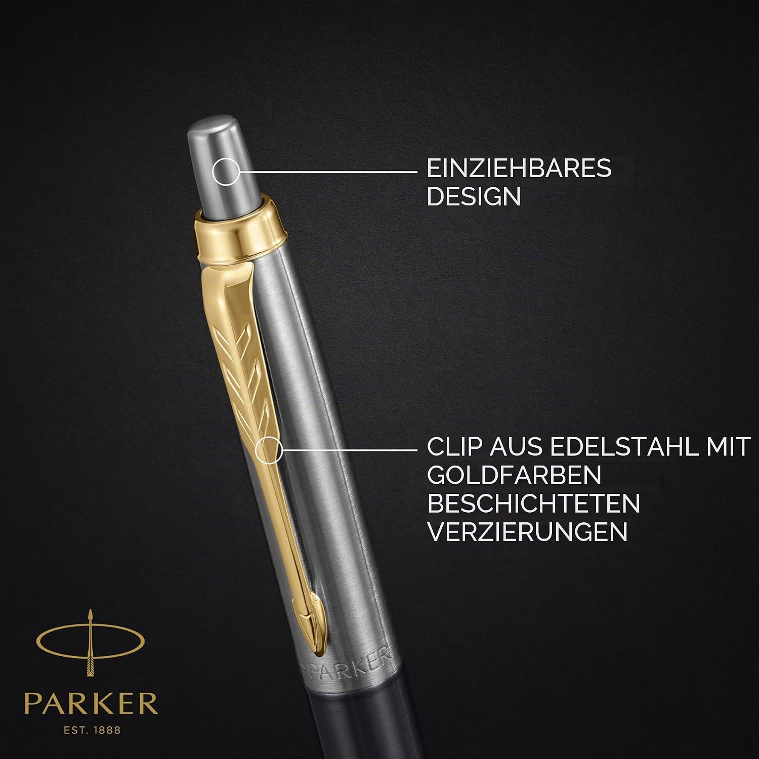 Detalle 2 de Parker Jotter Kugelschreiber grau lackiert mit goldenen Zierteilen (mittlere Spitze) im Nachfüllpack | Geschenkbox