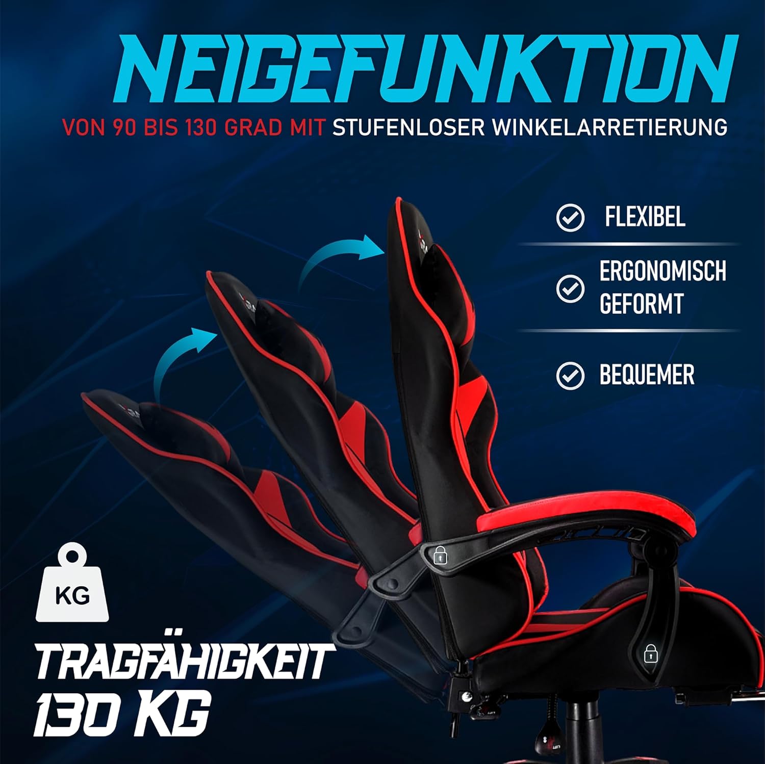 Thumbnail 4 de xRace Gaming Stuhl – Ergonomischer Bürostuhl mit Lendenwirbelstütze, Kopfstütze und Fußstütze in Rot