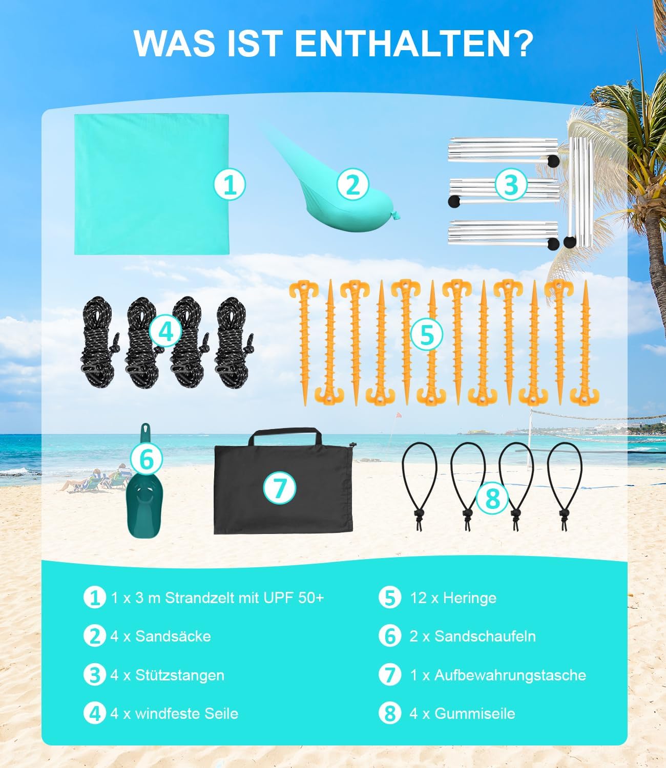 Detalle de MAXVINI UPF50+ Strandzelt 3m x 3m – UV-Schutz, stabile Dreieckskonstruktion & Sandsäcke