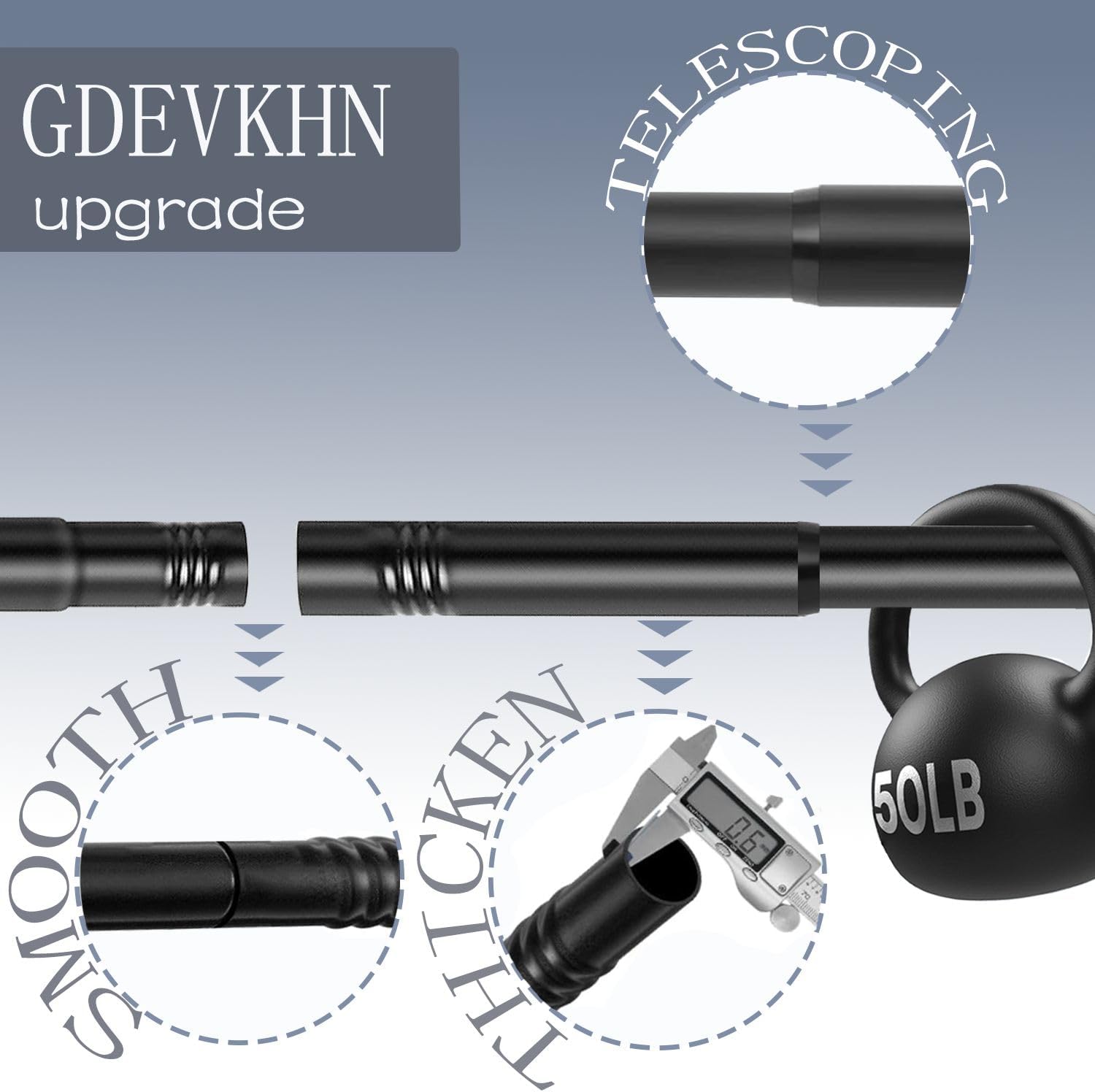 Thumbnail 1 de GDEVKHN Adjustable Curtain Poles for Eyelet Curtains (Silver, 33–86.6 inch) with Round Finials