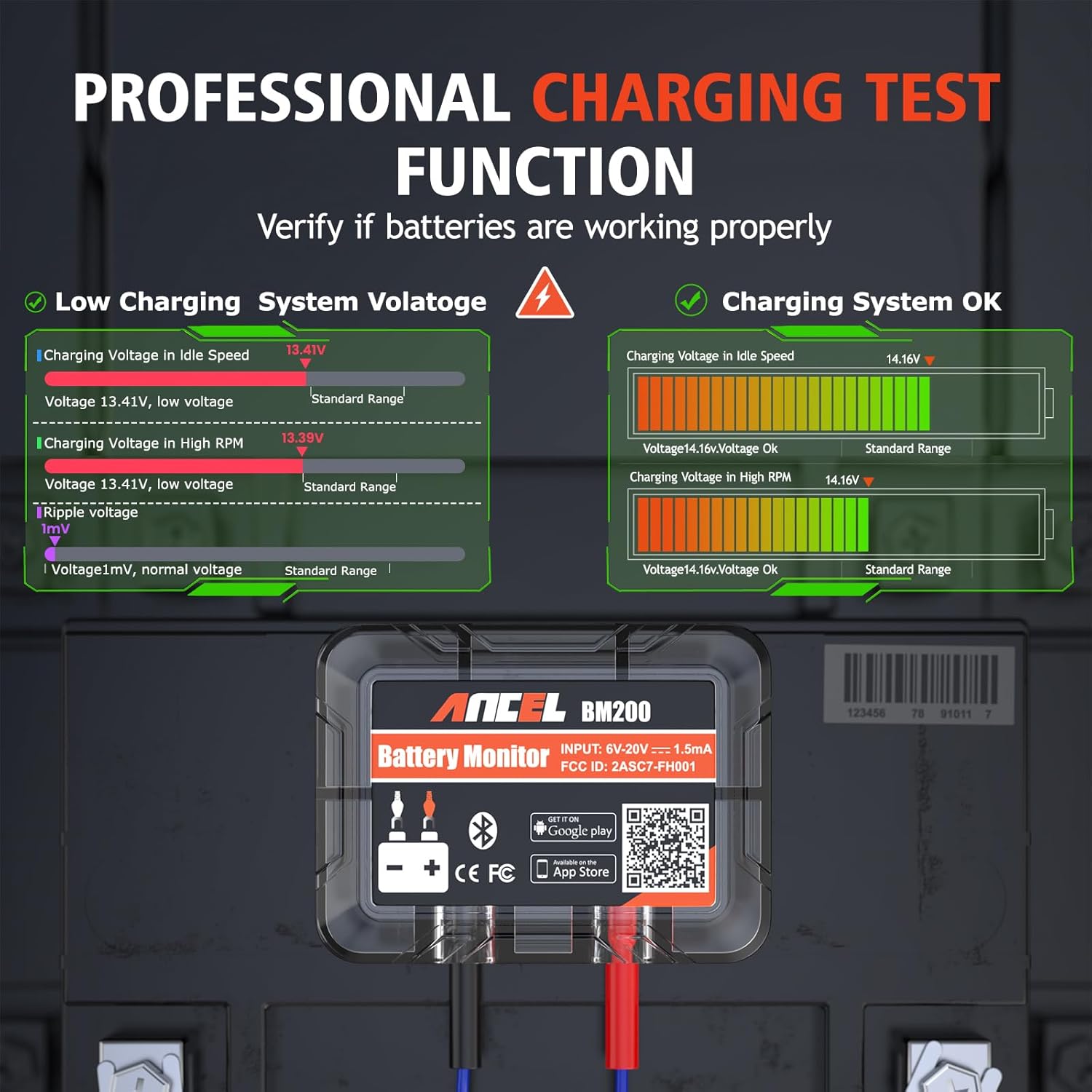 Detalle 2 de ANCEL BM200-US Car Battery Tester: 12V Bluetooth Battery Monitor for Cars, RVs, Boats and More