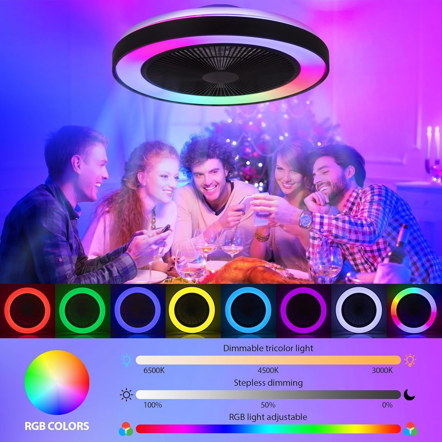 Thumbnail 2 de EKDADL Ventilateur de plafond RGB avec lumière intégrée et télécommande – silencieux, 3 vitesses
