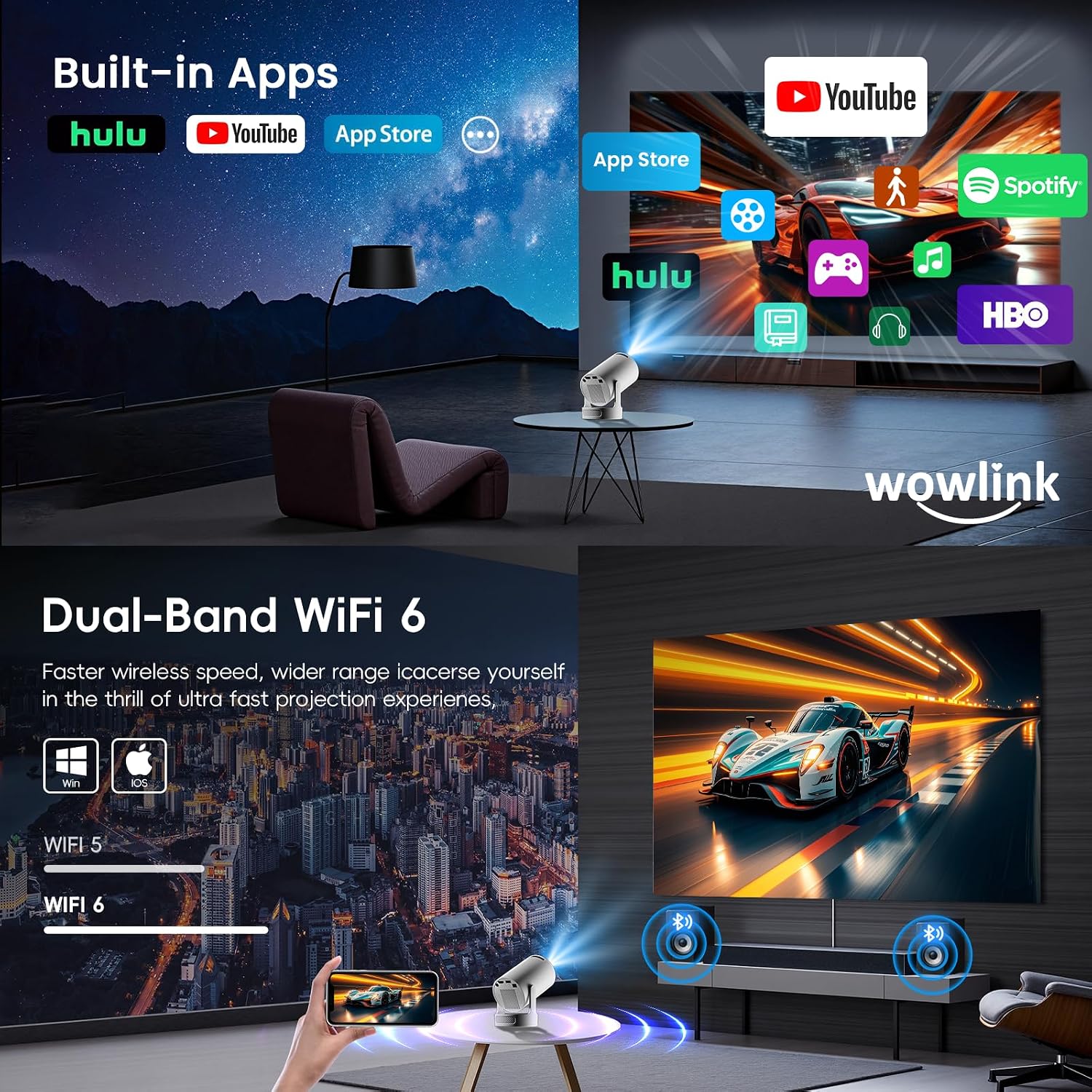 Thumbnail 3 de [Built-in Apps & 2026 Upgraded] Mini Projector with WiFi 6 & Bluetooth 5.4 (W210-style) — Portable 4K/1080P, Auto Keystone, 180° Rotatable, White
