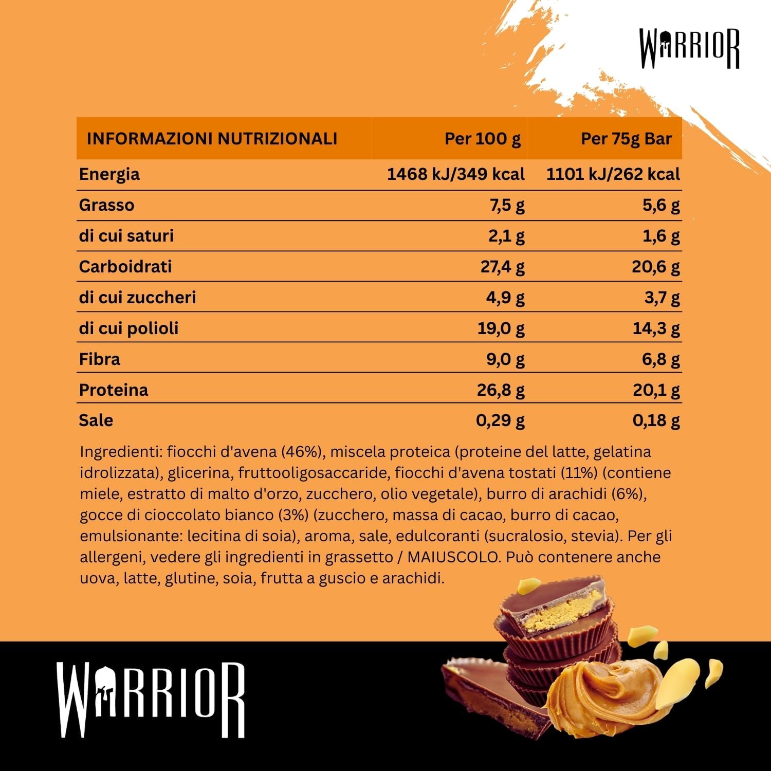 Detalle 2 de Warrior Raw Barretta Proteica 12 x 75 g – Barrette proteiche ai fiocchi d'Avena, cioccolato e arachidi