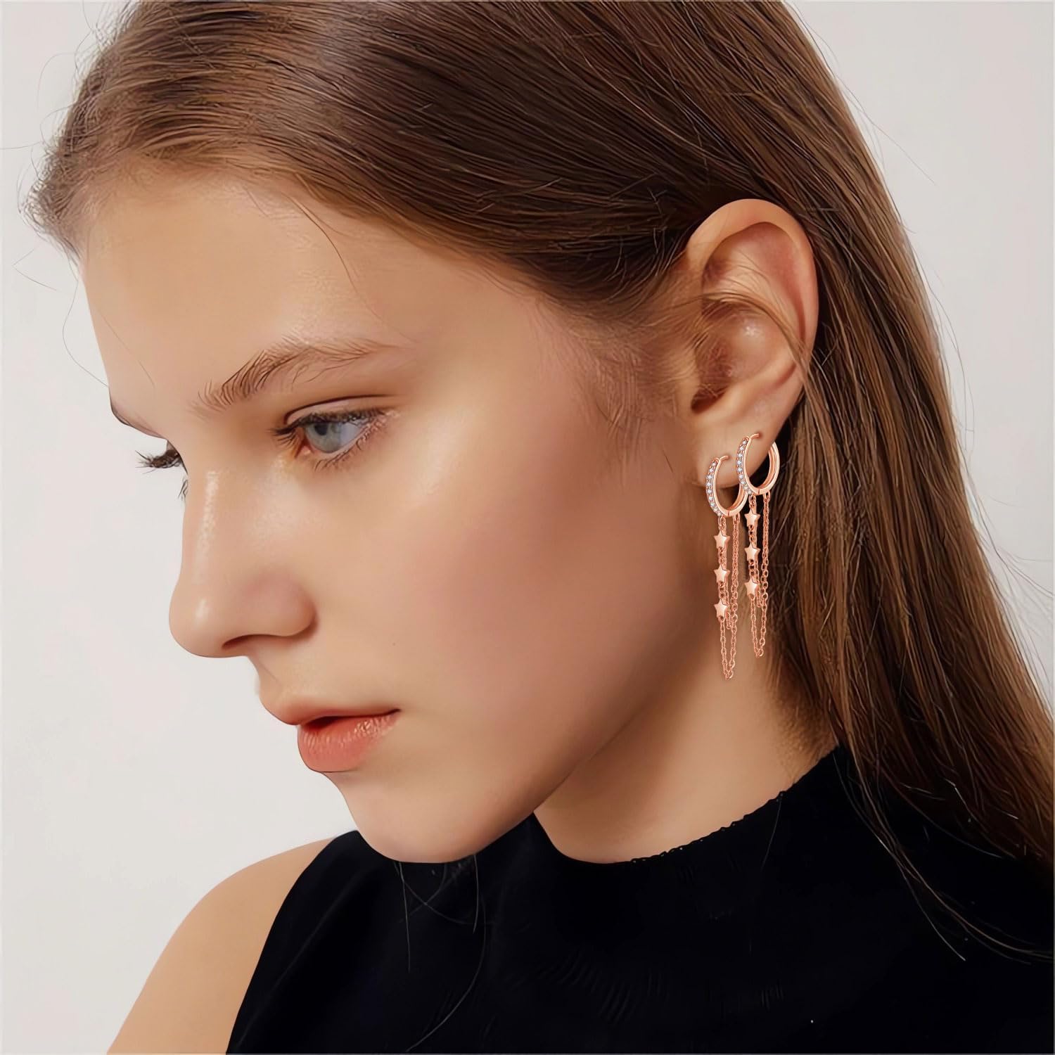 Thumbnail 4 de Josfeva Silber Creolen Ohrringe Hängend aus 925 Sterling Silber mit Zirkonia, Quasten & Stern-Anhänger
