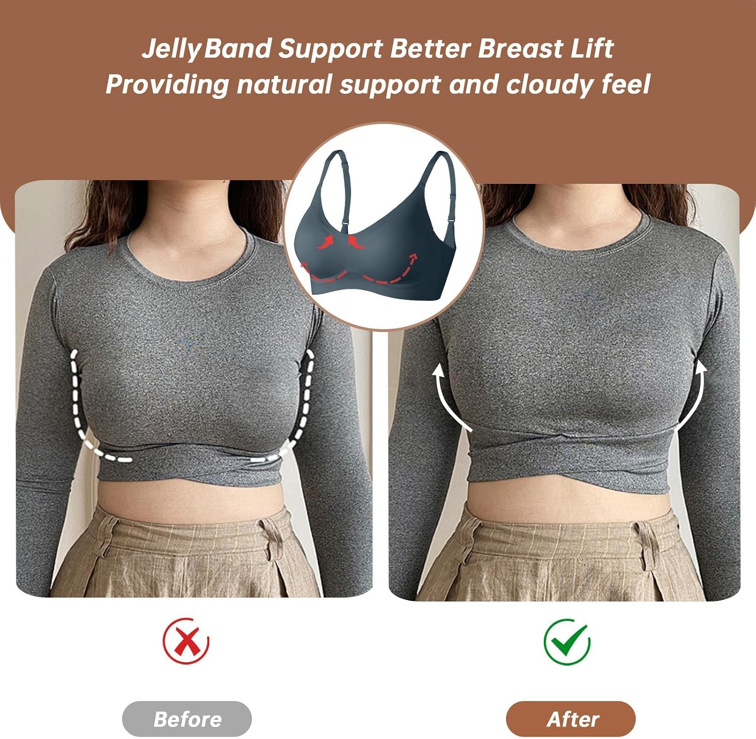 Detalle de OEAK Women’s Wireless Jelly Bra (No Underwire) — Comfortable Push-Up, Seamless T‑Shirt Lift Bralette