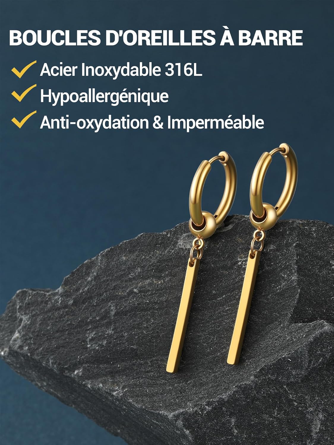 Thumbnail 3 de PROSTEEL Boucles d’oreilles homme en acier inoxydable, créoles 12 mm avec pendants barres