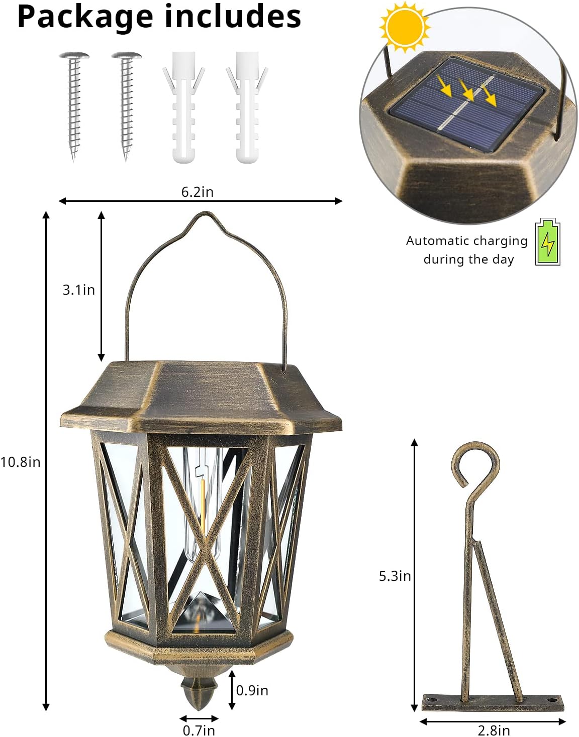 Thumbnail 2 de TEKLAPS 24B Solar Lanterns, Bronze Metal and Clear Glass, 2-Pack