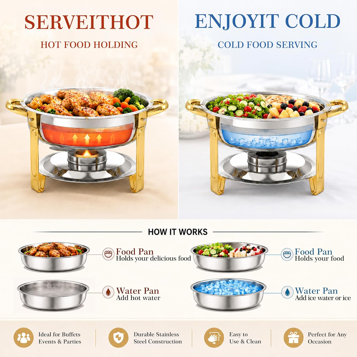 Detalle 2 de Chafing Dishes for Buffet 4 Pack - 6QT Round Stainless Steel with Elegant Gold & Silver Accents