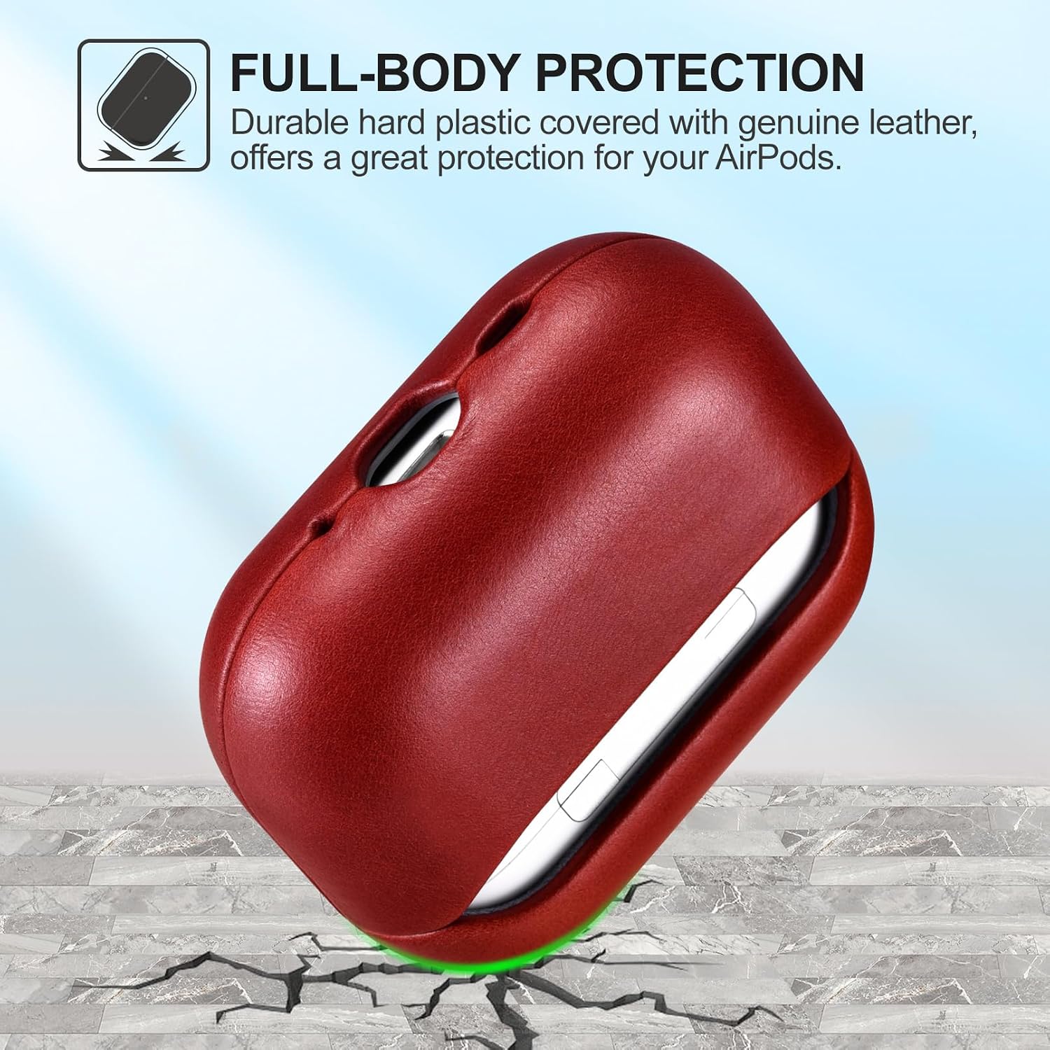 Thumbnail 5 de ICARER-hoesje van echt leer voor AirPods Pro 3 2025, rood met zichtbare led
