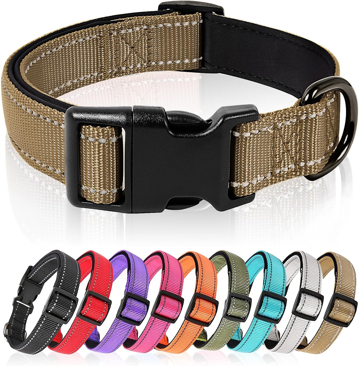 Detalle de HEELE Hundehalsband aus Nylon mit Reflektierendem Band und Neoprenpolsterung – Größe M (34–52 cm), Braun