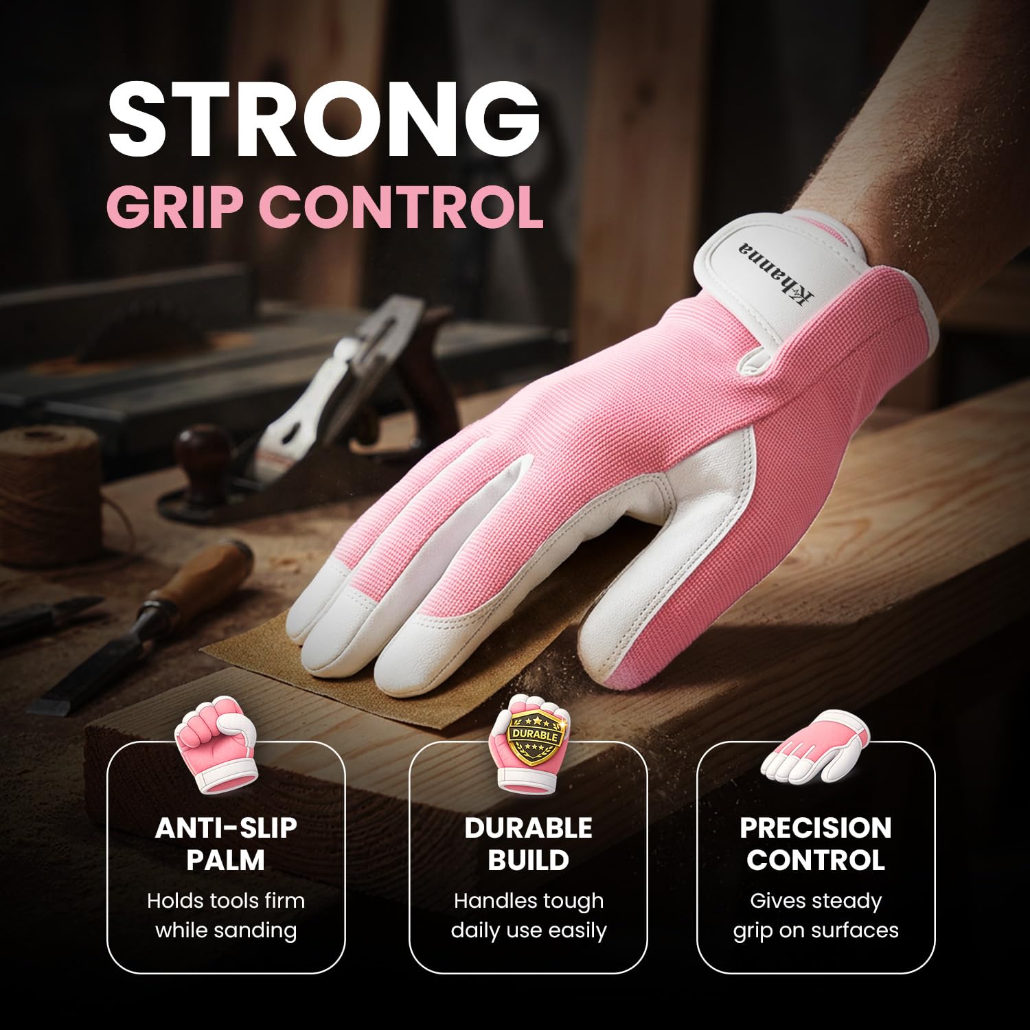 Detalle de Khanna Leather Gardening Gloves, Baby Pink – Medium, Thorn Proof & Heavy Duty for Men & Women