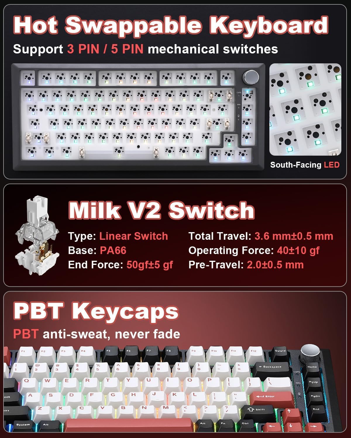Detalle de MIKIBY Y75 Wireless Mechanical Keyboard: 75%, Hot-Swappable, with Knob, RGB, and Tri-Mode Connectivity