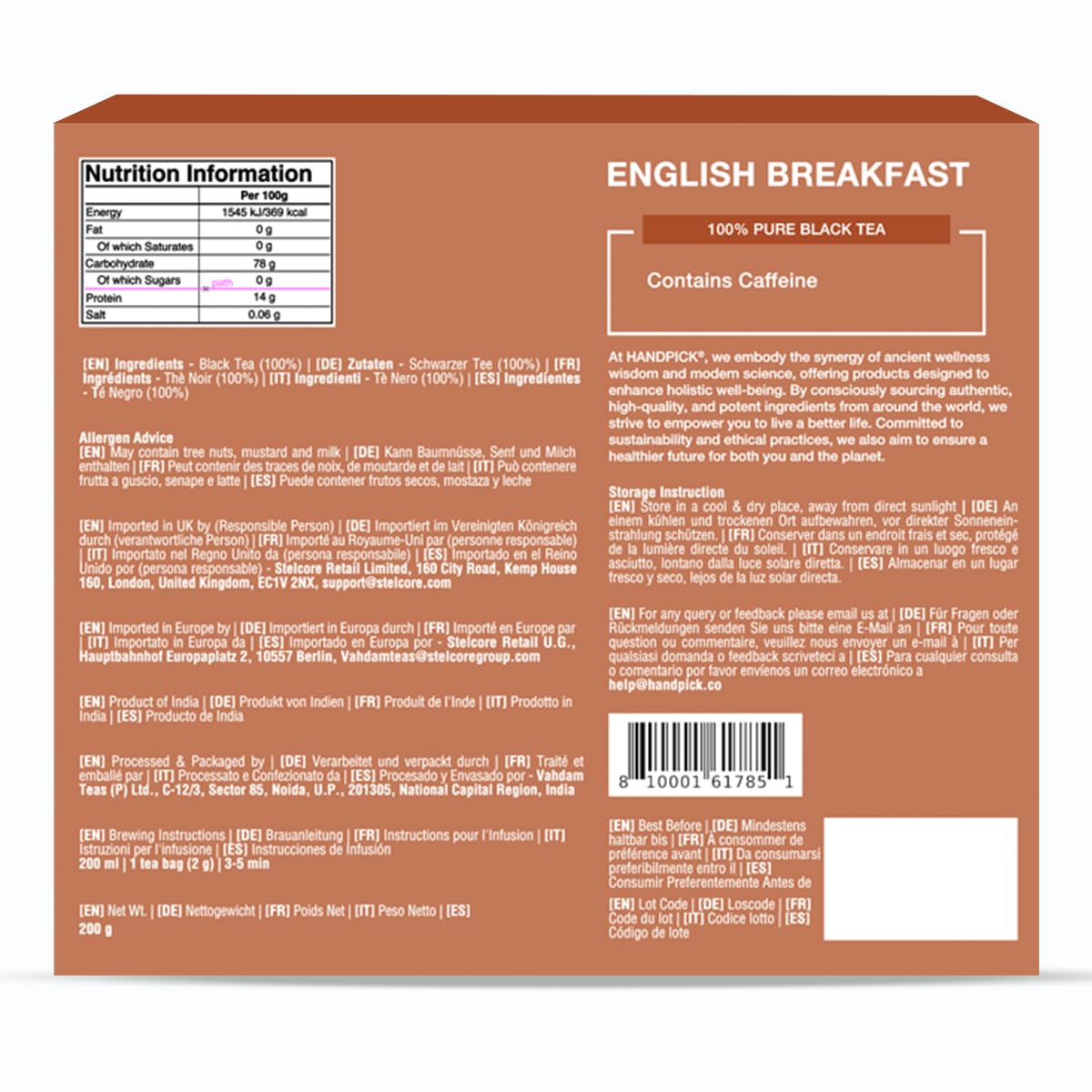 Detalle de Handpicked Englisches Frühstück Schwarztee-Beutel (100 Stück) – Starker Assam-Tee, vielseitig einsetzbar