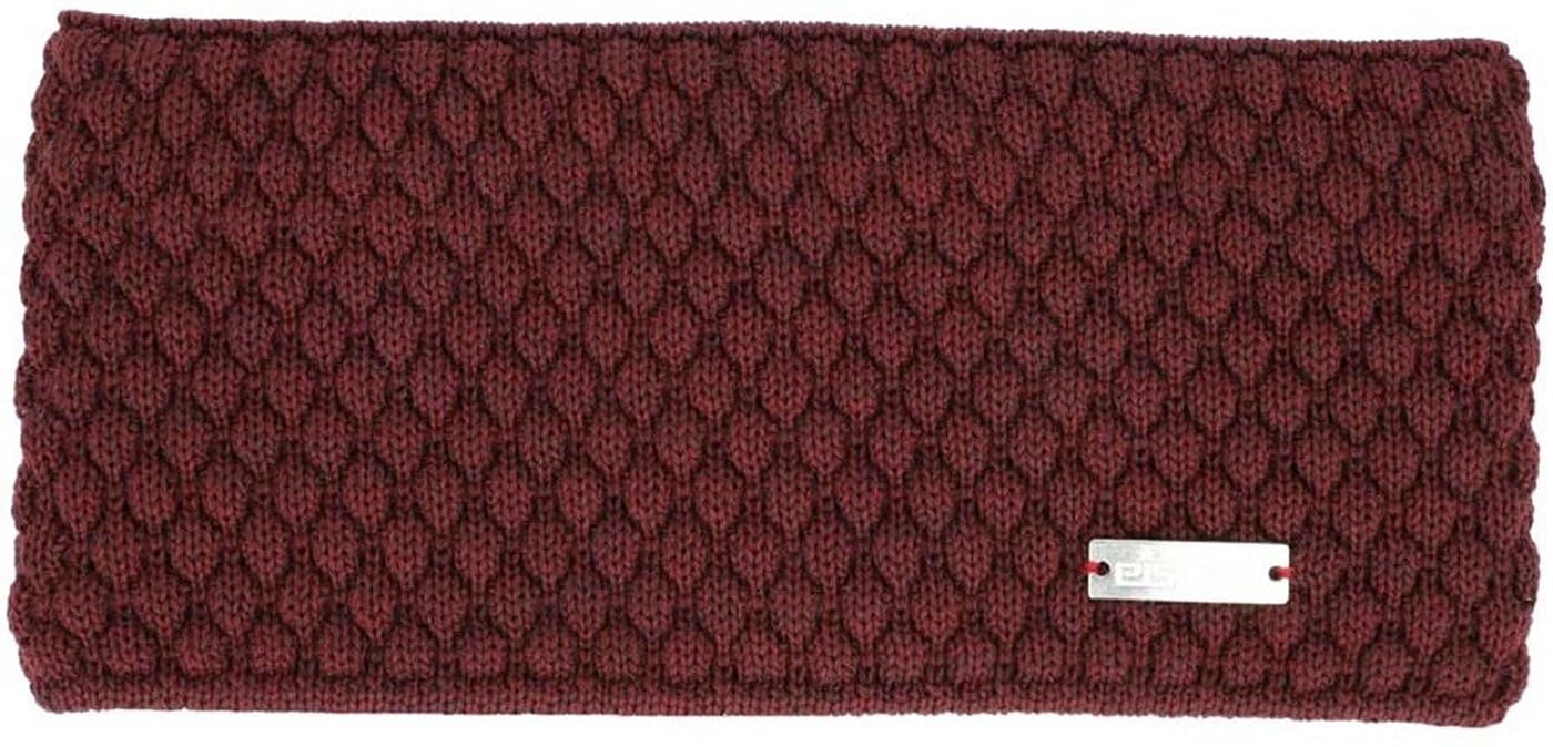 Detalle de Eisglut Stirnband Minal Merino in Oliv: warm, weich und mit dezentem Emblem