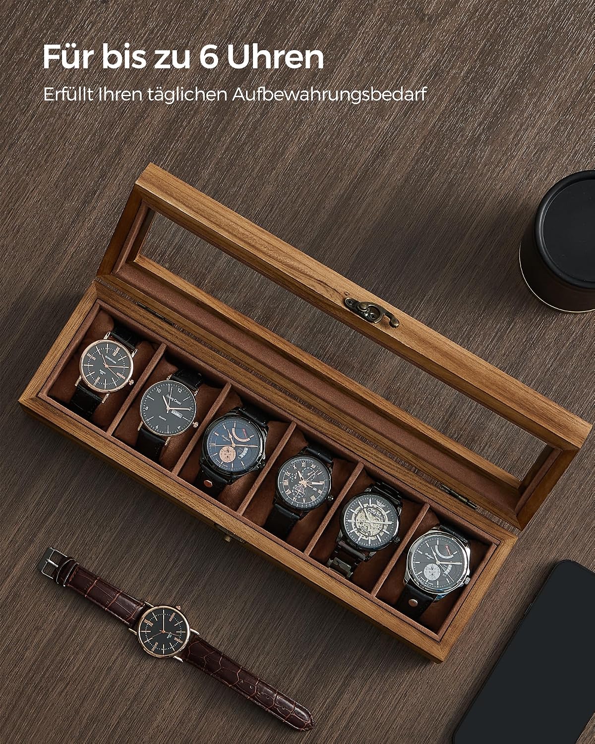 Detalle de SONGMICS Uhrenbox JOW006K01 – Massivholz Uhrenkasten mit Glasdeckel, 6 Fächer, Walnuss