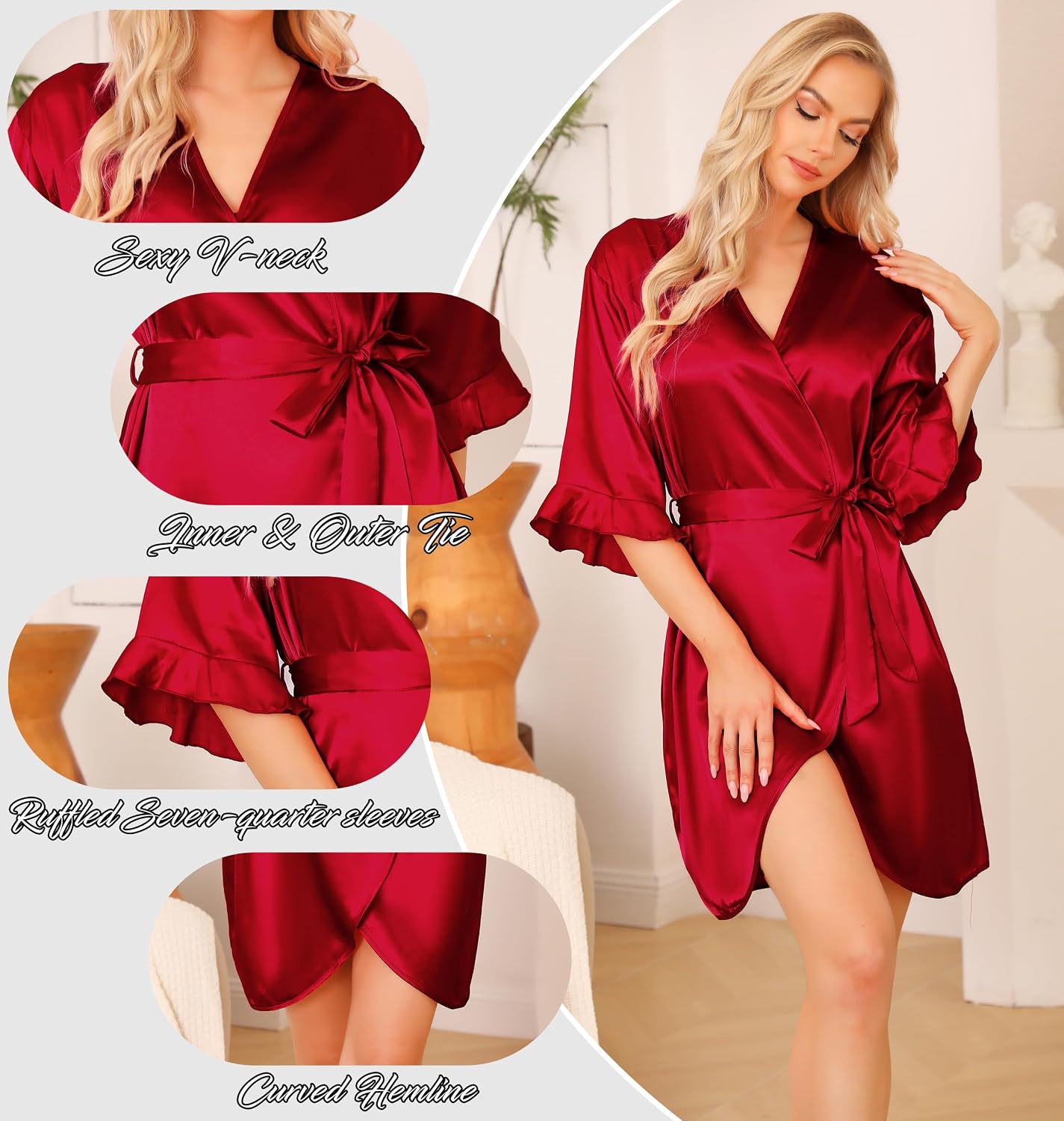 Detalle 2 de Wikoan Peignoir Satin Femme Robe courte 100% polyester
