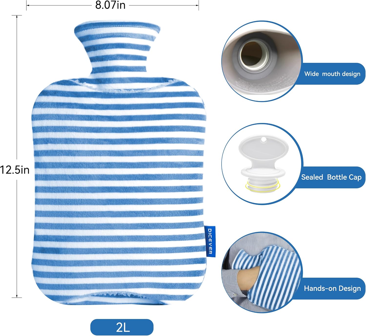 Detalle de DICEVER 2 L Hot Water Bottle with Cover, Hand Pocket and Hot or Cold Use