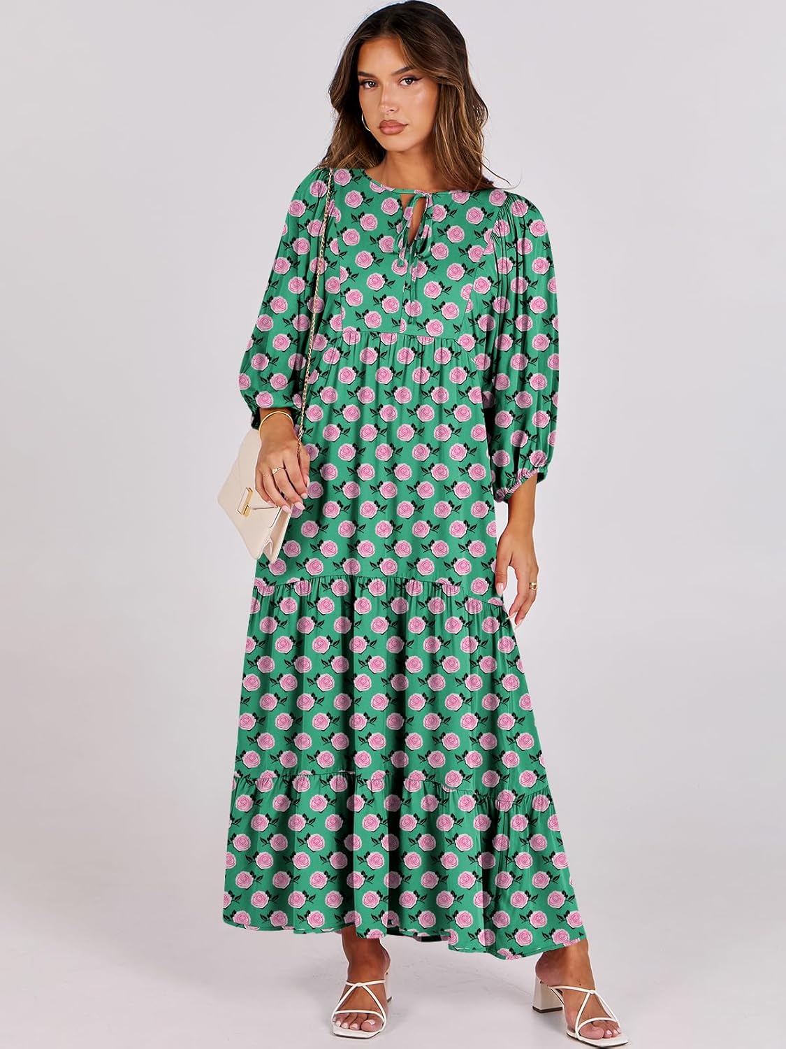 Thumbnail 5 de ANRABESS Womens Boho Maxi Dress 2026 Summer V Neck Puff Sleeve Floral Flowy Swing Dress