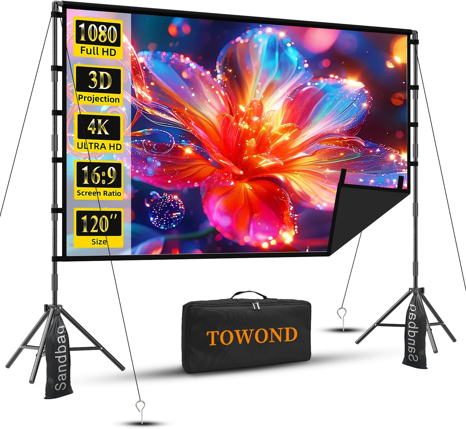 TOWOND 120-Inch Outdoor Projector Screen with Stand — Large 16:9, 4K HD Ready, Wrinkle-Free, Portable with Carry Bag