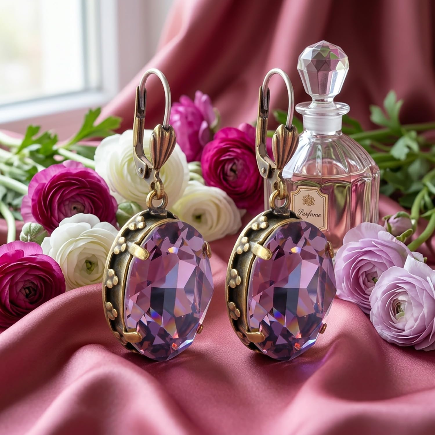 Thumbnail 6 de Jugendstil Ohrringe Kristalle Gold Ovalschliff – großer Stein, Iris Mauve