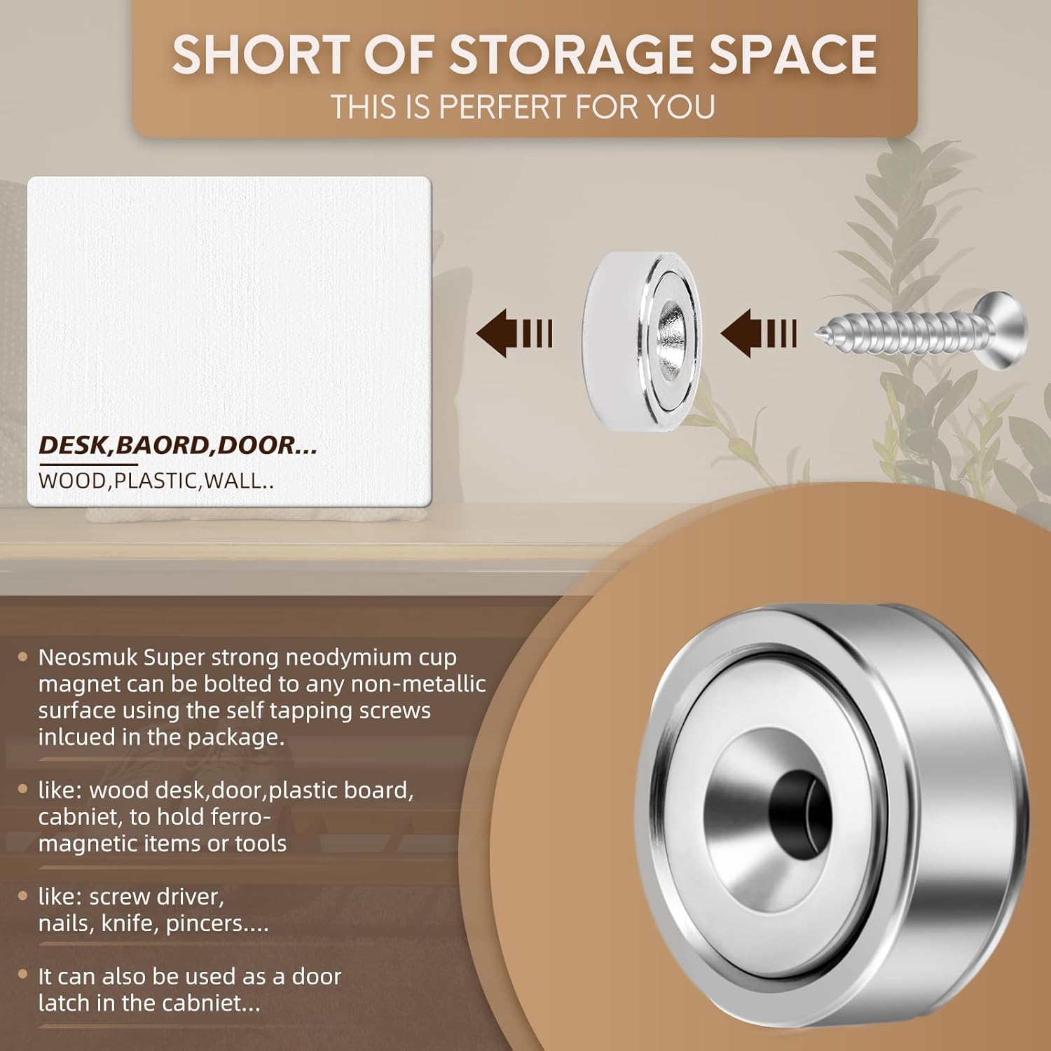 Thumbnail 4 de Neosmuk Magnets with Hole, 10kg: Heavy-Duty Round Cup Magnets for Walls and Tool Racks (Pack of 10)