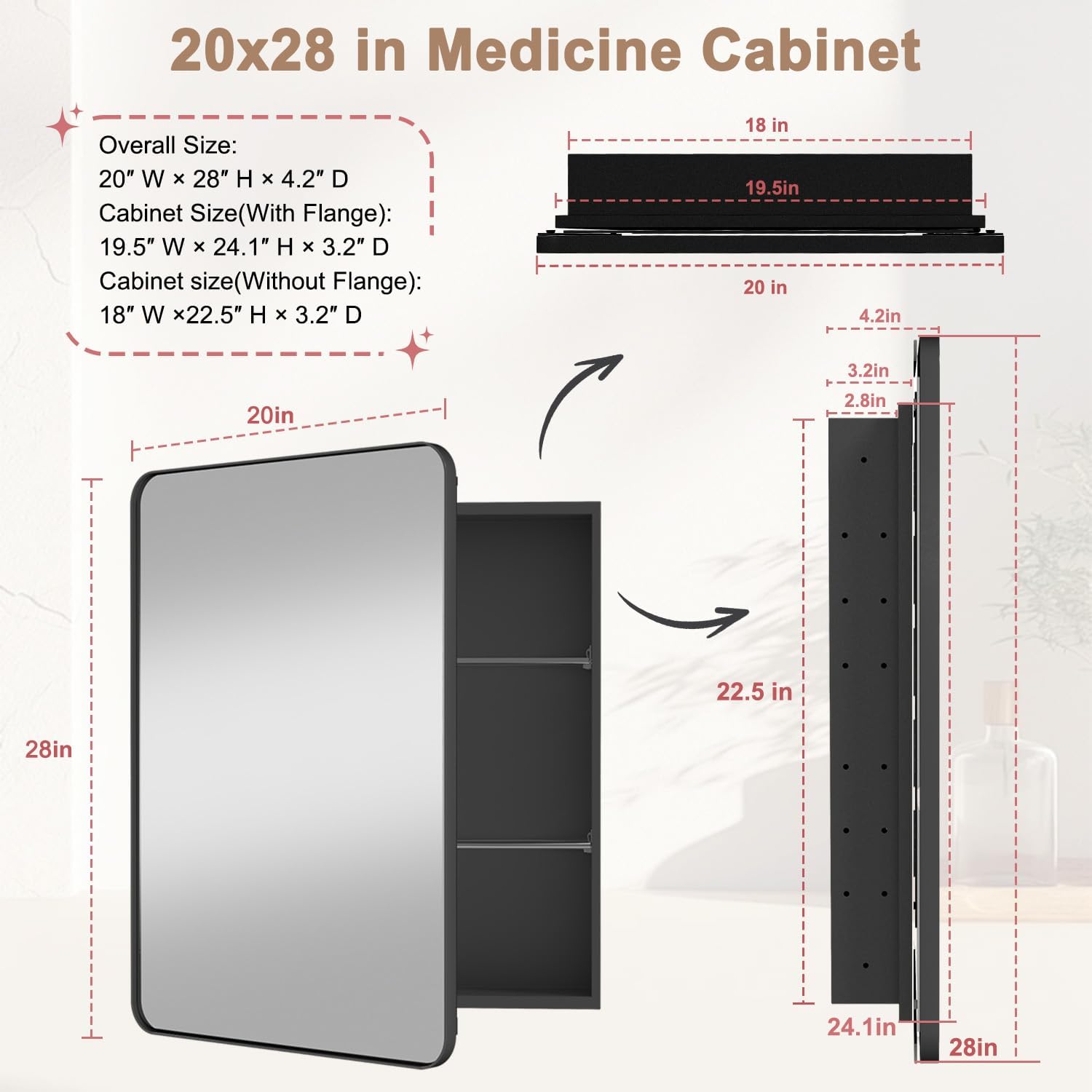 Detalle de Venlus Black Medicine Cabinet with Mirror, 20x28 Inch – Fully Assembled, Recessed or Surface Mount