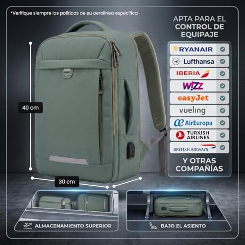 Thumbnail 1 de EDIESI Mochila de cabina 40x30x20 expandible con USB – verde oliva, para portátil 15,6