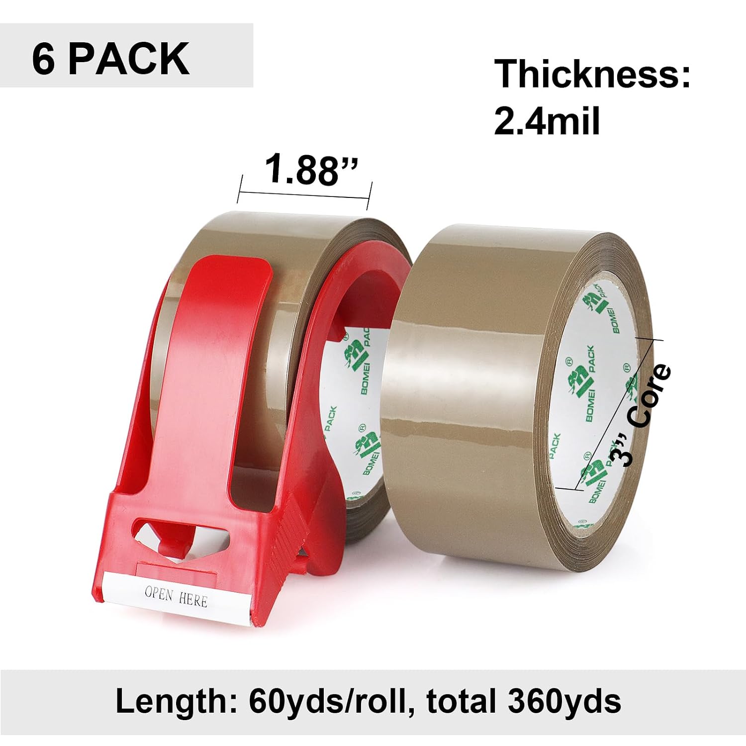 Detalle 2 de BOMEI PACK Brown Packing Tape, 2.4 Mil, 6 Rolls with Dispenser