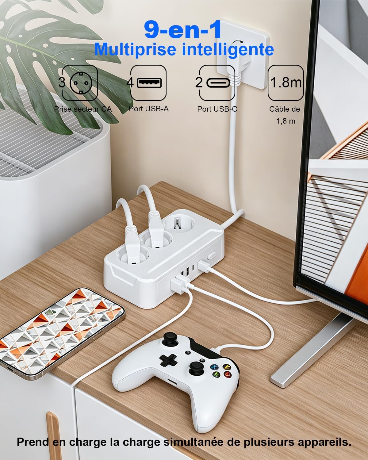 Detalle 2 de Jonurphy stekkerdoos met 3 stopcontacten, 6 USB-poorten en schakelaar