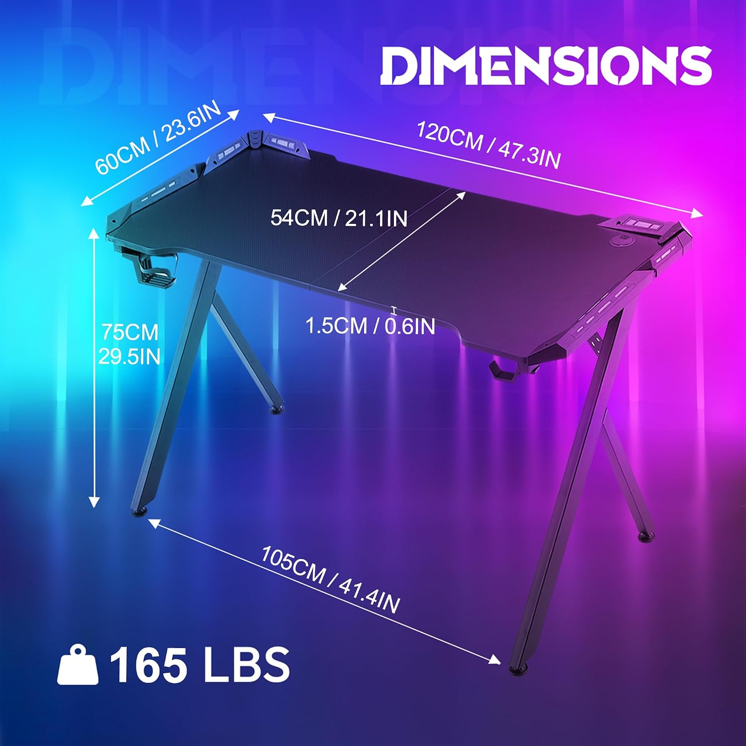 Detalle de LZQ Computertische Gaming Desk, 120 x 60 cm, RGB Lighting, Carbon Fibre Surface