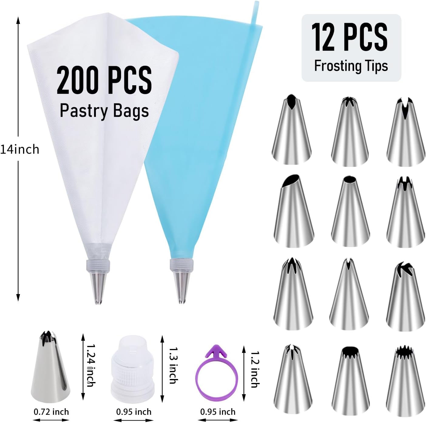 Detalle de 200Pcs Piping Bags and Nozzles Set – 12 Inch Pastry Bags with 12 Nozzles, 2 Couplers, 2 Bag Ties, Disposable + 1 Reusable Bag