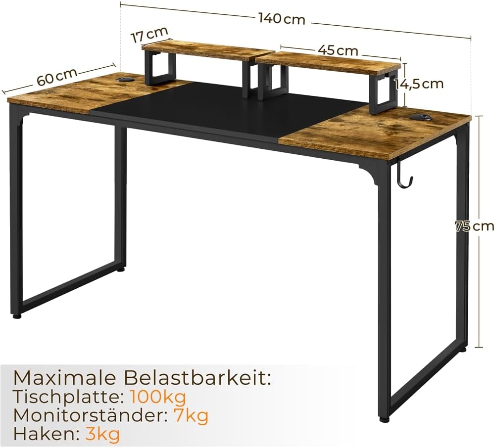 Thumbnail 1 de Yaheetech Schreibtisch Computertisch Rustikales Braun mit 2 Monitorhalterungen, Kabeldurchführungen & Kopfhörerhaken – 140 × 60 × 89,5 cm