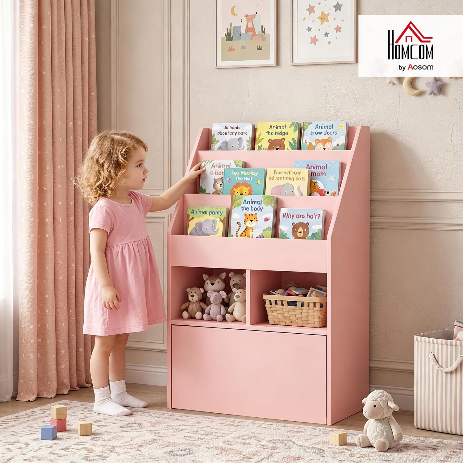 Thumbnail 1 de HOMCOM 311-048V80PK Kids Bookcase, Pink, 3 Shelves and Wheeled Drawer