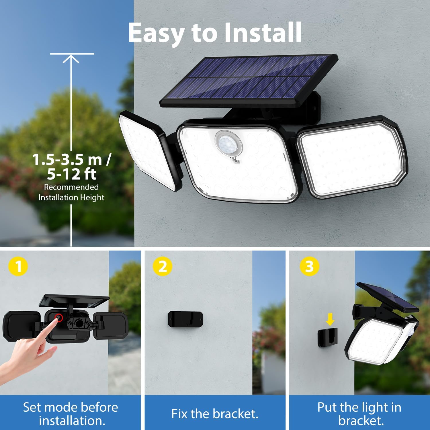 Thumbnail 6 de Peasur Solar Security Lights Outdoor Motion Sensor (2 Pack) with Remote, 3 Modes and IP65 Wall Mount, 3 Adjustable Heads