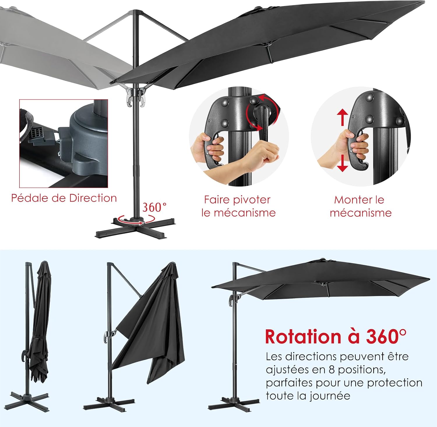 Thumbnail 5 de COSTWAY Parasol de Jardin Extérieur Déporté 3x3m – Inclinable, Rotation 360° et Toit Double Ventilation